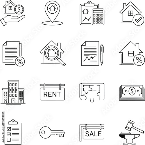 Vector illustration of real estate icons depicting property, finance, and legal aspects of buying, selling, and renting a house or building