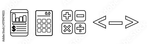Plus, minus icon set. Calculator, math icon. Plus, minus, multiply, equal and divide sign.

