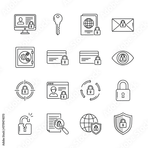 Vector illustration of set of security and privacy icons, including locks, keys, computer, passport, and eye