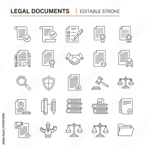 Vector illustration of legal documents and justice symbols in a line art style, , representing law and business