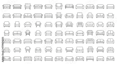 Vector illustration of collection of various sofa and armchair designs in a line drawing style