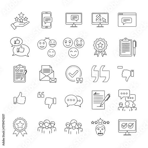 Vector illustration of collection of feedback and review icons including stars, thumbs up, chat bubbles, and user profiles