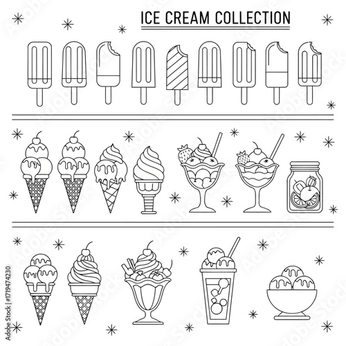 Vector illustration of outline collection of ice cream desserts and popsicles on a