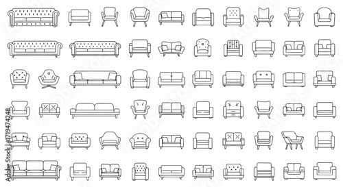 Vector illustration of collection of various sofa and armchair icons in a simple outline style