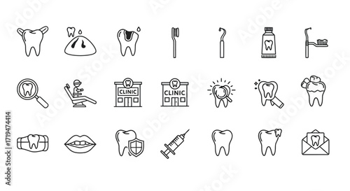 Vector illustration of collection of handdrawn dental icons, including teeth, dentist chair, clinic, syringe, and dental tools