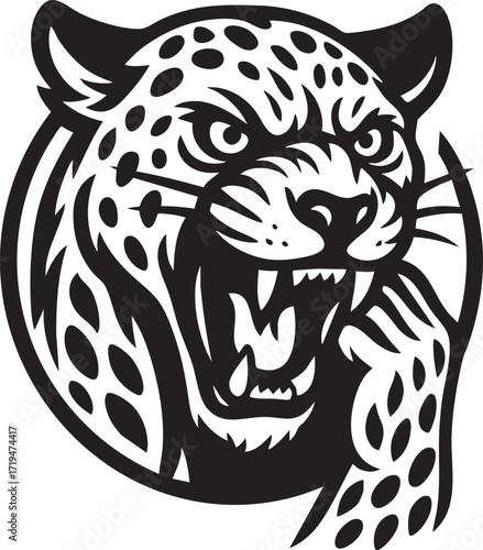 Ferocious Jaguar Illustration: A striking illustration of a jaguar, showcasing its fierce expression, spotted coat, and powerful presence.