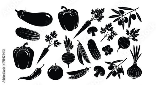 Vector illustration of collection of black silhouette vegetables and herbs isolated on a, including eggplant, pepper, cucumber, tomato, carrot, beet, onion, pea pods, mushroom, parsley, and olives