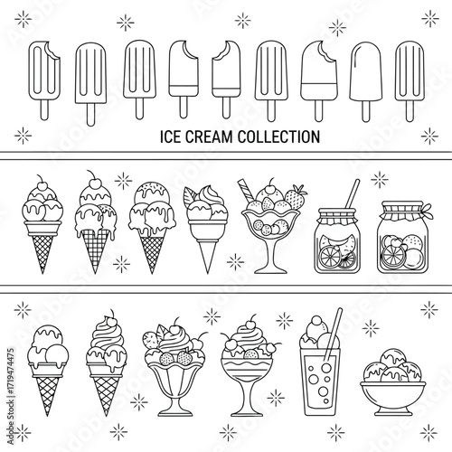 Vector illustration of collection of handdrawn ice cream icons and illustrations, including popsicles, cones, sundaes, and jars