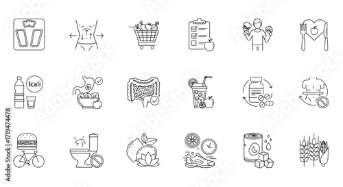 Vector illustration of collection of handdrawn icons representing healthy lifestyle, diet, and wellness, including scales, food, exercise, and digestion