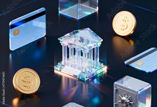 Digital banking concept with crystal bank building, gold coins and credit cards on dark background for finance, fintech and savings security illustration