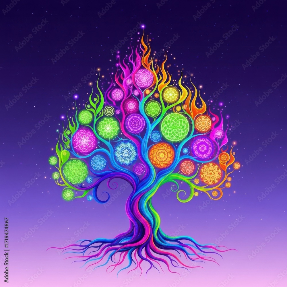 Fototapeta premium A vibrant tree of life illustration symbolizing growth and enlightenment amidst a starry night