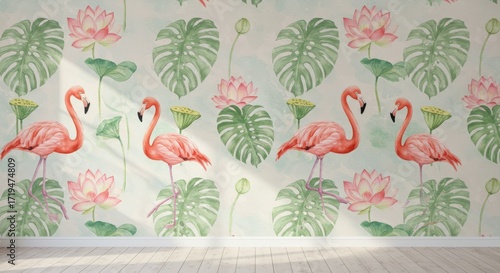 Watercolor Flamingo and Lotus Pattern on Wall Tropical Decor.