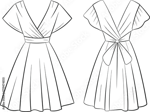 Fashion dress sketch, front and back view, deep V neckline, short sleeves, pleated skirt, bow waistband, clothing design illustration, vector