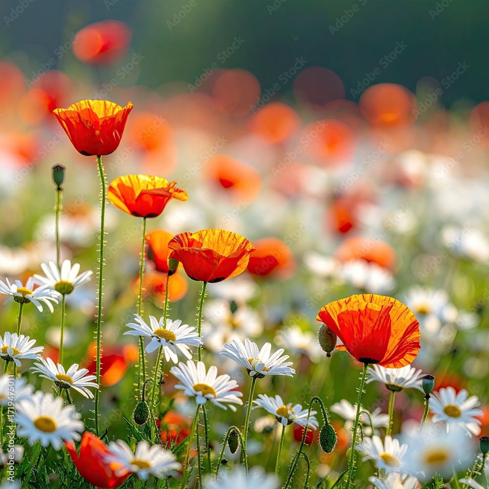 Obraz premium A vibrant field of poppies and daisies bathed in sunlight