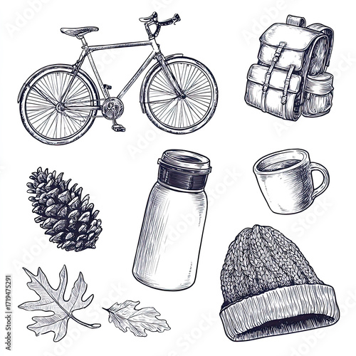 Cozy Autumn Travel Doodle Set – Backpack, Bicycle, Pinecone and Hot Drink Sketch