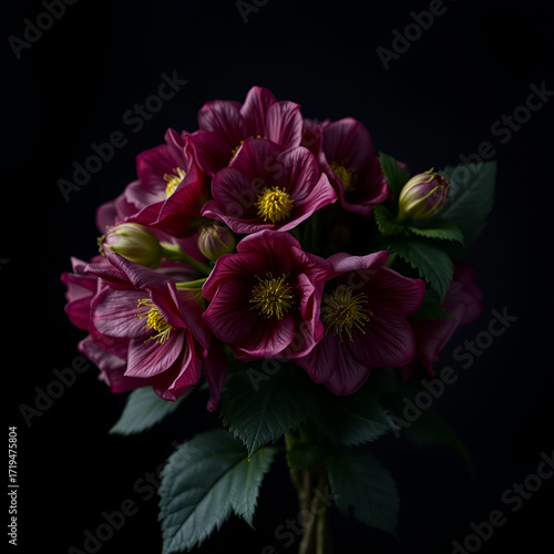 Moody flora. Lush bouquet of hellebores Christmas rose flowers on a dark black background.