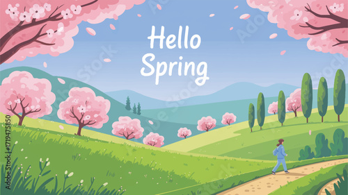 Vector art of hello spring landscape with blooming cherry trees and rolling hills