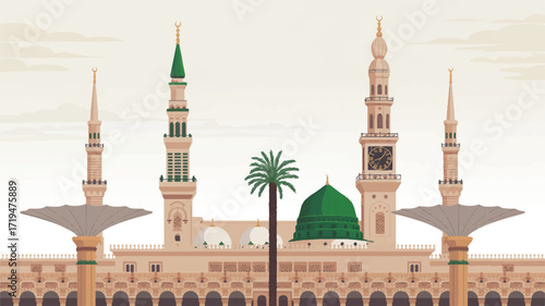 Illustration of the prophets mosque in medina with minarets and dome