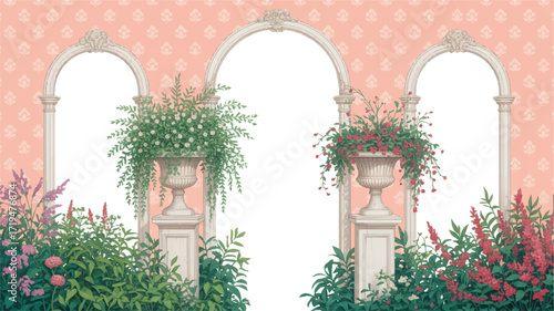 Vector art of arched walkway with ornate urns and lush floral arrangements