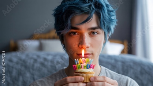 Blue-haired young man holding birthday cupcake with happy birthday candle while sitting indoors, soft lighting and blurred bedroom background