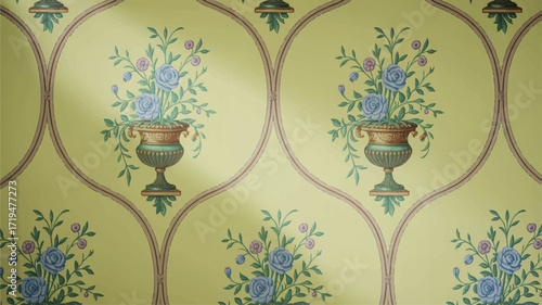 Vector art of yellow wallpaper with a repeating floral urn pattern