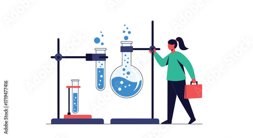 A chemist performs a complex experiment with bubbling liquids and scientific apparatus in a laboratory setting.