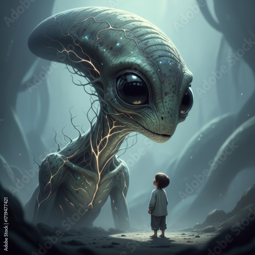 Young child standing barefoot in misty forest looking up at towering alien with glowing veins and large eyes in cinematic fantasy scene