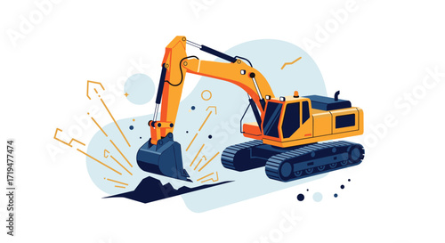 An excavator digs into the ground with a plume of dirt flying out.