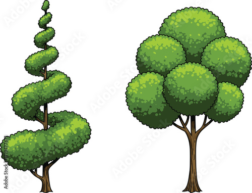 Spiral topiary tree, decorative garden design, natural shaped tree, landscape art, ornamental foliage, creative gardening, outdoor nature, botanical illustration