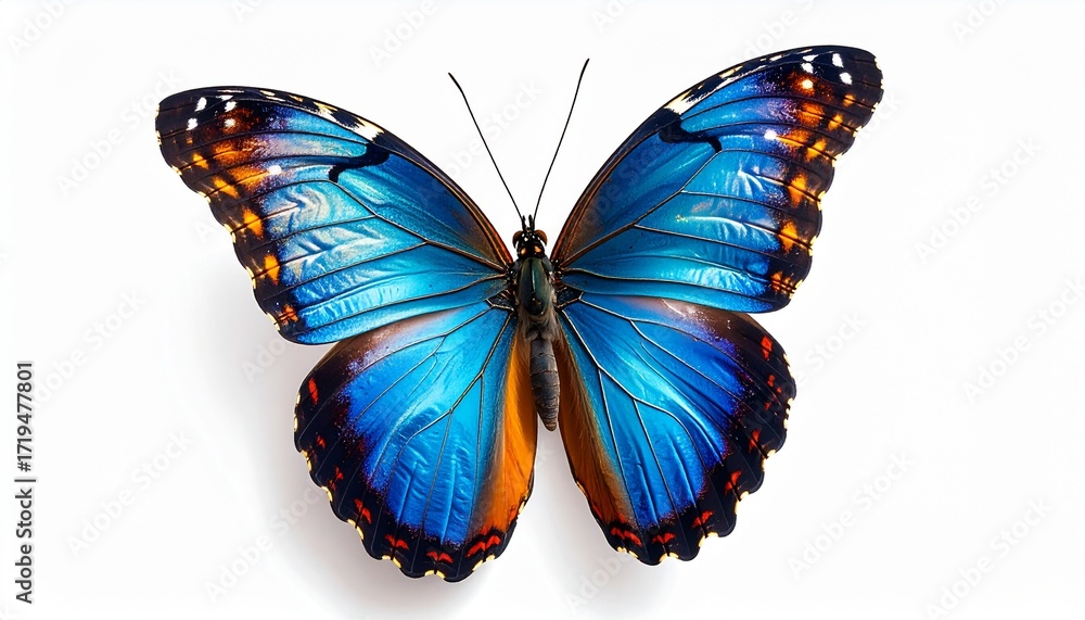 Fototapeta premium Vivid closeup digital illustration of a colorful butterfly in mid flight. Wings spread wide with intricate gradient patterns of blue, orange and gold. Isolated on clean white background. High quality.