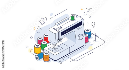 A modern sewing machine is surrounded by colorful spools of thread in an artistic drawing.