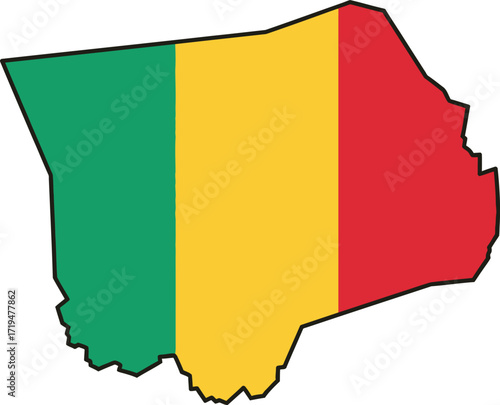 Map outline of Mali filled with its national flag colors: green, yellow, and red vertical stripes.