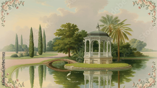 Vector art of a serene landscape painting of a gazebo on an island in a lake