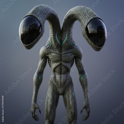 Tall humanoid alien with dual eyestalks and large black reflective eyes, textured gray skin and blue glowing veins, standing against neutral gradient background in sci-fi concept