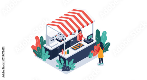 An outdoor food stall with a vendor serving a customer amidst lush greenery and colorful foliage displays.