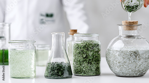 Scientist preparing herbal extracts in laboratory with glass containers and green plant material
