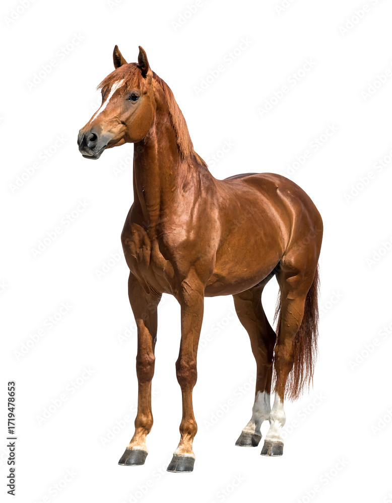 Obraz premium Chestnut horse, muscular build, flowing mane and tail, light hooves, standing against a black background