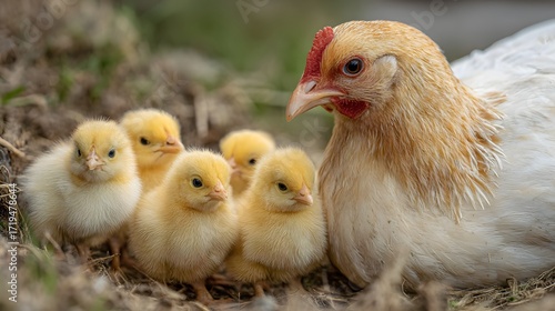Mother hen and chicks cute baby chickens poultry farm animal family springtime adorable birds  100char