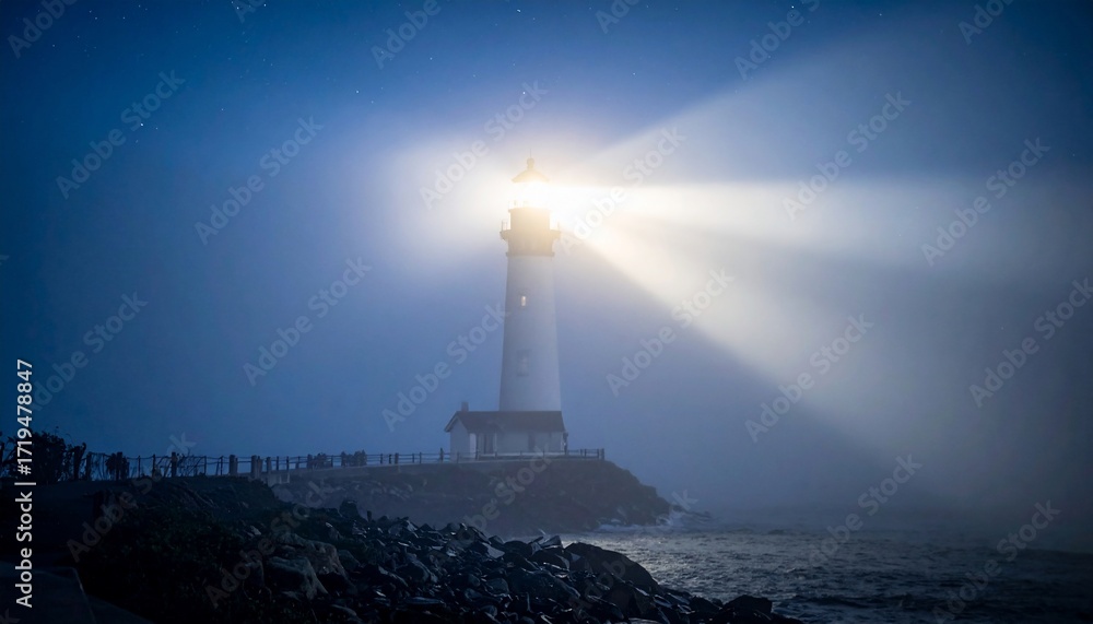 Fototapeta premium Lighthouse Beam Piercing Foggy Night