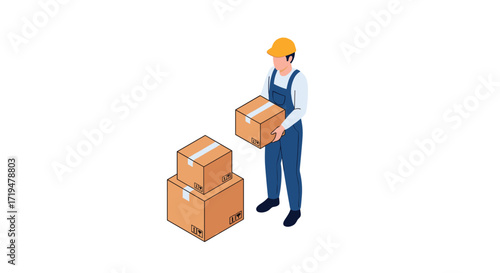 A worker in a yellow hard hat and blue overalls is holding a cardboard box near two stacked boxes.