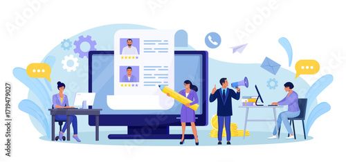 HR Managers Choosing Best Candidate for Job, Searching New Employee. Recruitment, Hiring Process. Online Job interview. Resume of Candidates on Computer Screen