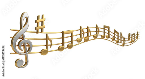 Cuadro en lienzo Isolated Golden Music Staff Notes - Treble clef, sharp sign, melody with golden