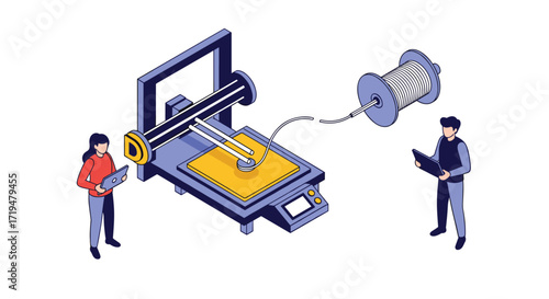 Two people observing a 3d printer with filament spool in a workshop environment.