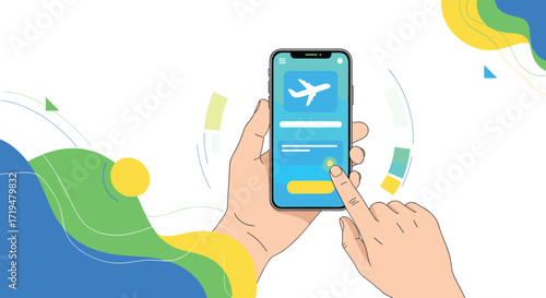Booking a flight ticket online using a mobile application on a white background.