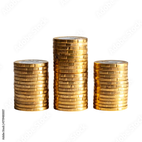 Three stacks of gold coins, increasing in height from left to right, isolated on a black background