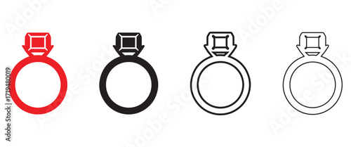 Engagement ring vector icon set, engagement diamond ring vector, silhouette and line art