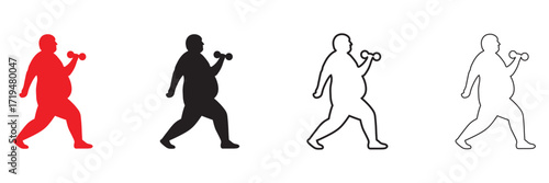 overweight man exercising with dumbbell, gym fitness vector illustration, silhouette and line art