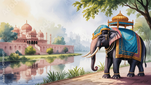 Vector art of an elephant adorned with royal regalia stands by a palace