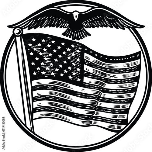 American flag and eagle emblem in circular woodcut style with patriotic symbolism and bold black and white illustration