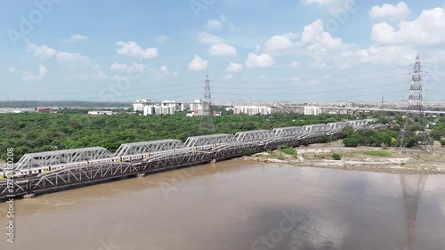 Aerial Drone View of Lohapul, Old Yamuna Bridge, Delhi, India – High Water Levels, 2025 Rains
